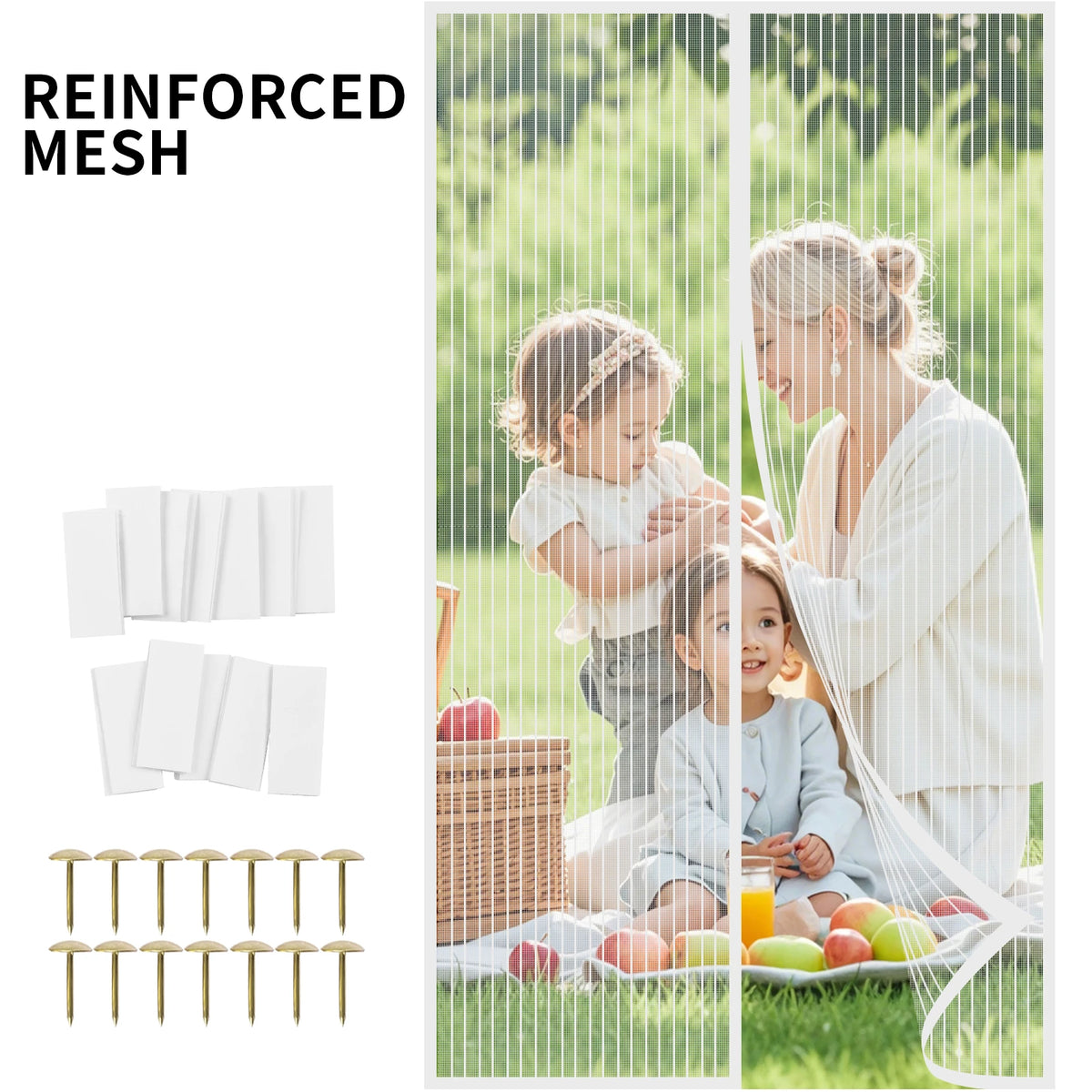 Reinforced mesh screen door with a family interacting in a garden setting