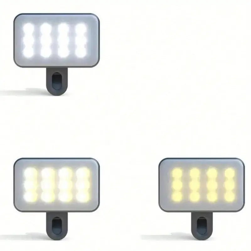 Two versions of a portable rechargeable clip-on LED selfie light with multiple color modes shown from above.