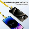 A yellow fast charging cable is shown connecting to an Apple iPhone, highlighting its compatibility for Apple 14/15/16 device
