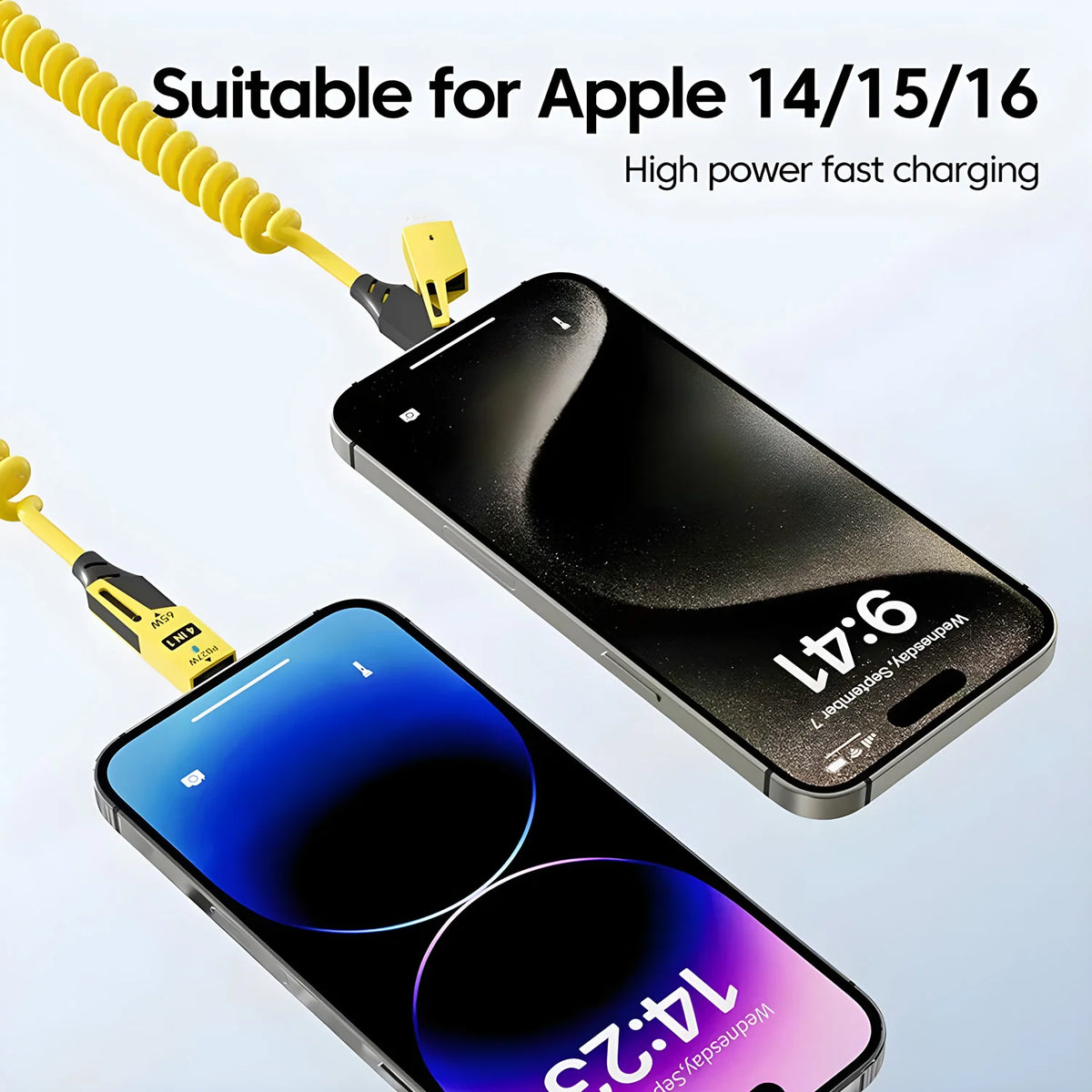 A yellow fast charging cable is shown connecting to an Apple iPhone, highlighting its compatibility for Apple 14/15/16 device