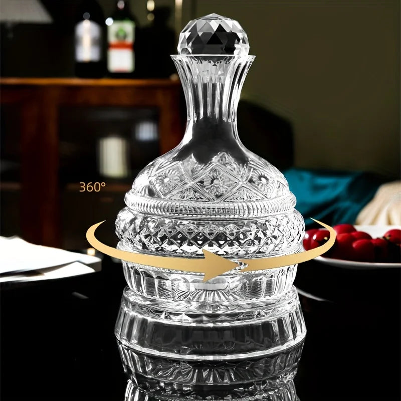 Handcrafted crystal wine decanter with a rotating aerator shown from a 360-degree angle.