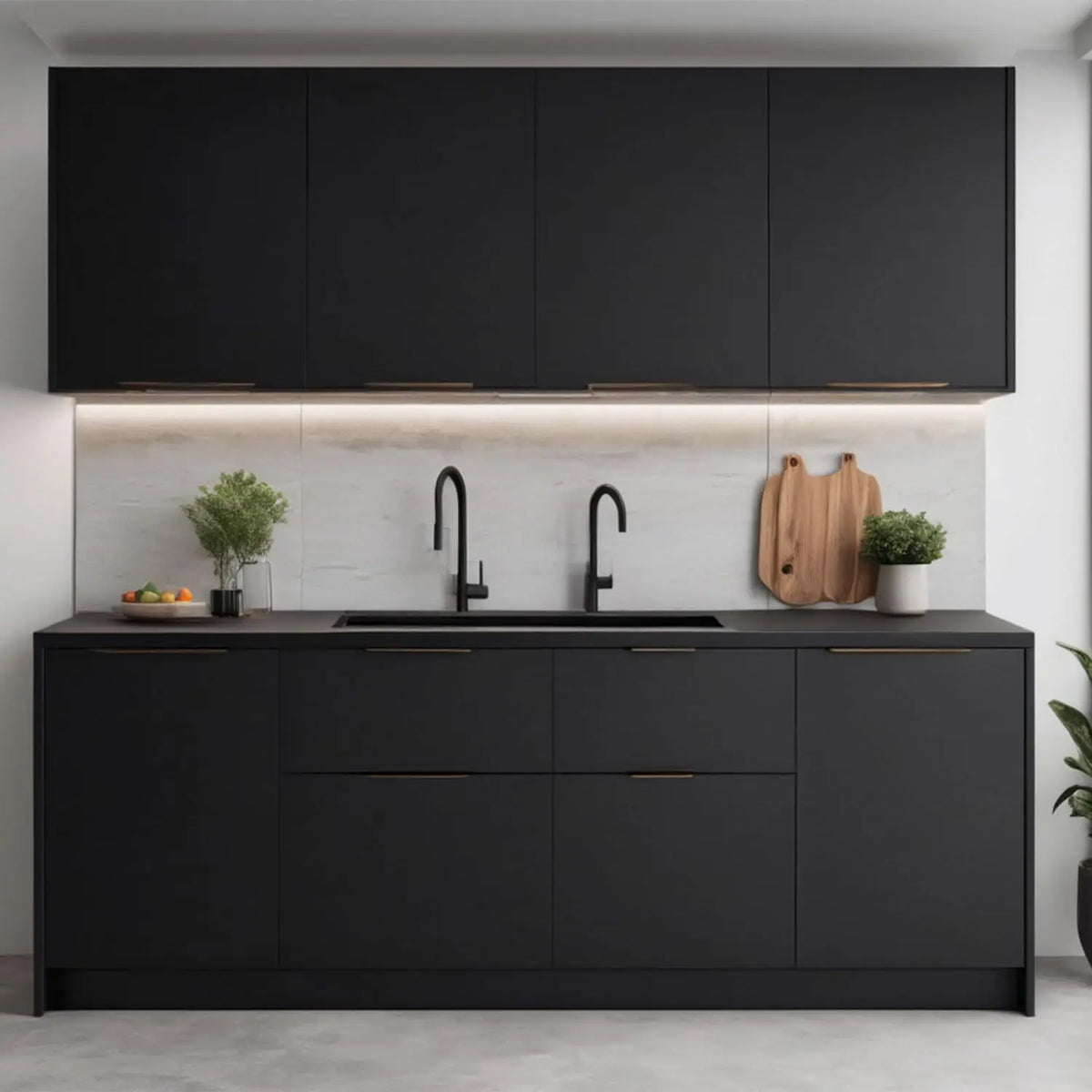 A modern kitchen featuring dark gray cabinetry and a light countertop with a black faucet.