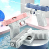 A collection of water blaster pistols in pink and white are displayed against a light blue background.