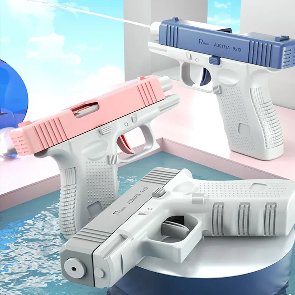 A collection of water blaster pistols in pink and white are displayed against a light blue background.