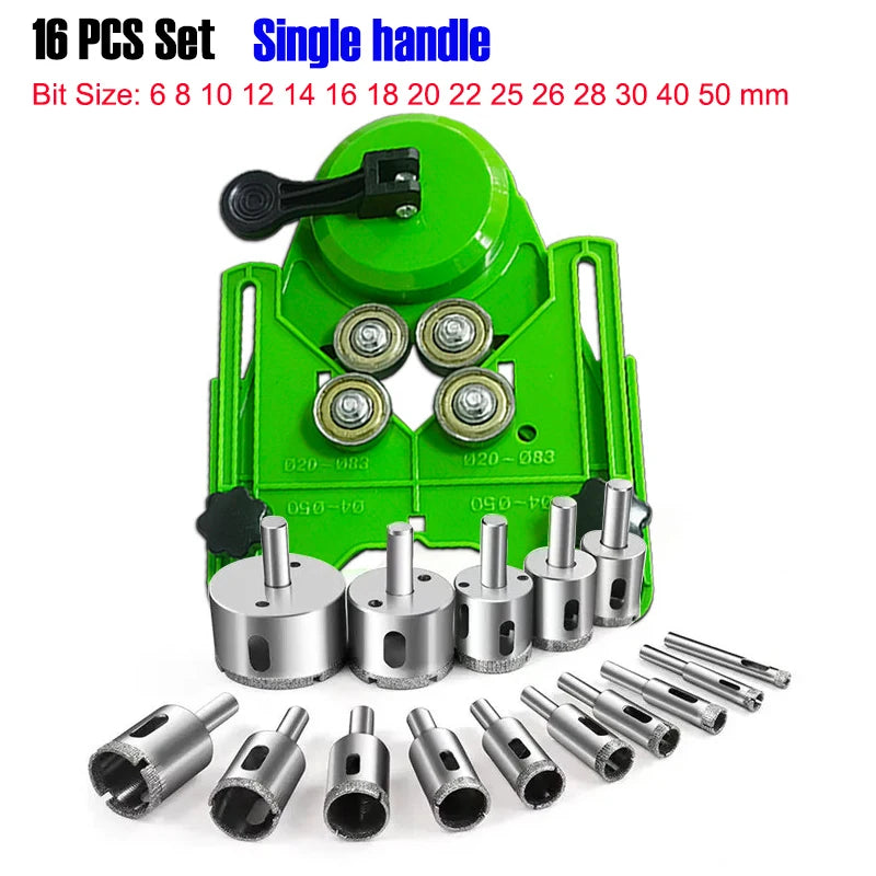 A set of 16 precision diamond hole saws with single handles and various bit sizes, including a green guide plate.