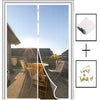 A magnetic screen door curtain with auto-close mesh is shown in a doorway, next to a stack of white paper and some dried yell