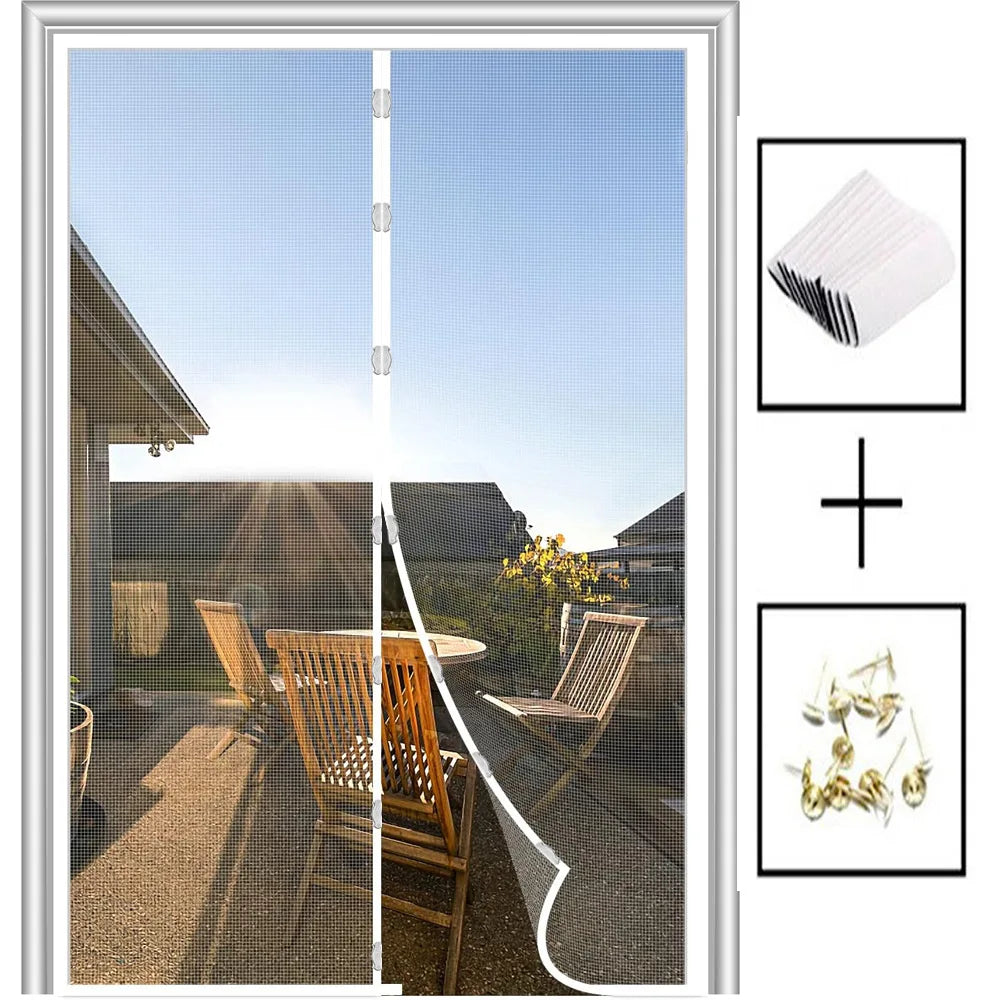 A magnetic screen door curtain with auto-close mesh is shown in a doorway, next to a stack of white paper and some dried yell