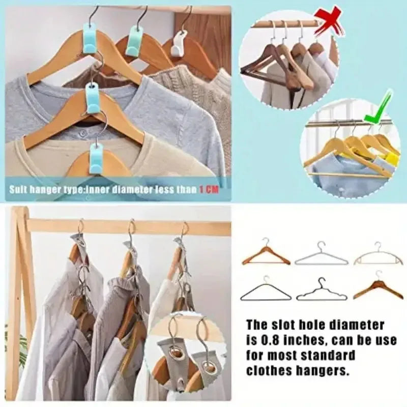 A set of space-saving cascading hanger connectors and hooks for clothing hangers.