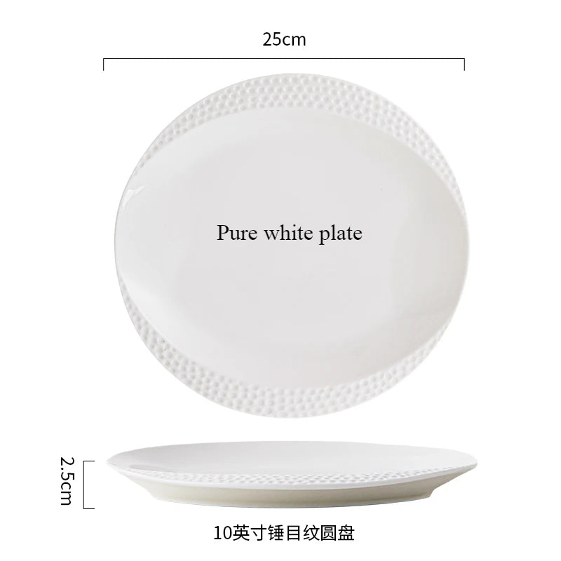 A pure white plate and a shallow white bowl are shown, with dimensions indicated.