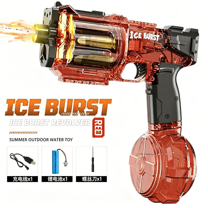 An orange ice burst revolver water toy with a black grip and barrel firing a stream of water.