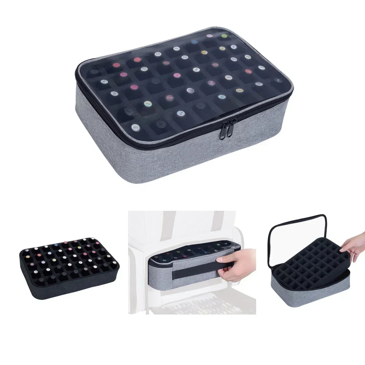 A gray portable nail polish organizer bag with a lid showing multiple compartments for storing nail polish bottles.