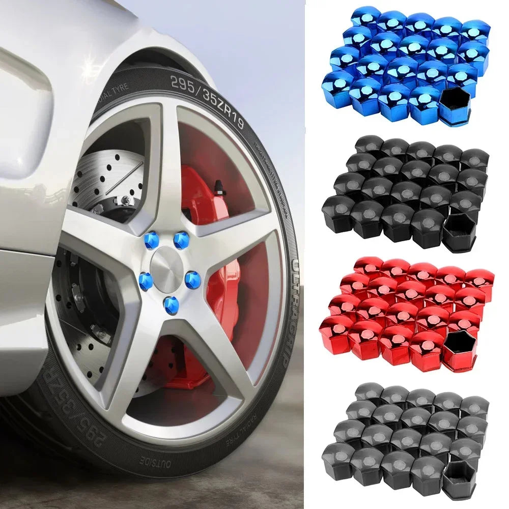 A set of 20 blue and black anti-rust wheel nut caps displayed in various arrangements.
