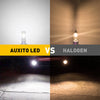 Comparison image showing an Auxito LED light bulb versus a Halogen light bulb illuminating a car's front end.