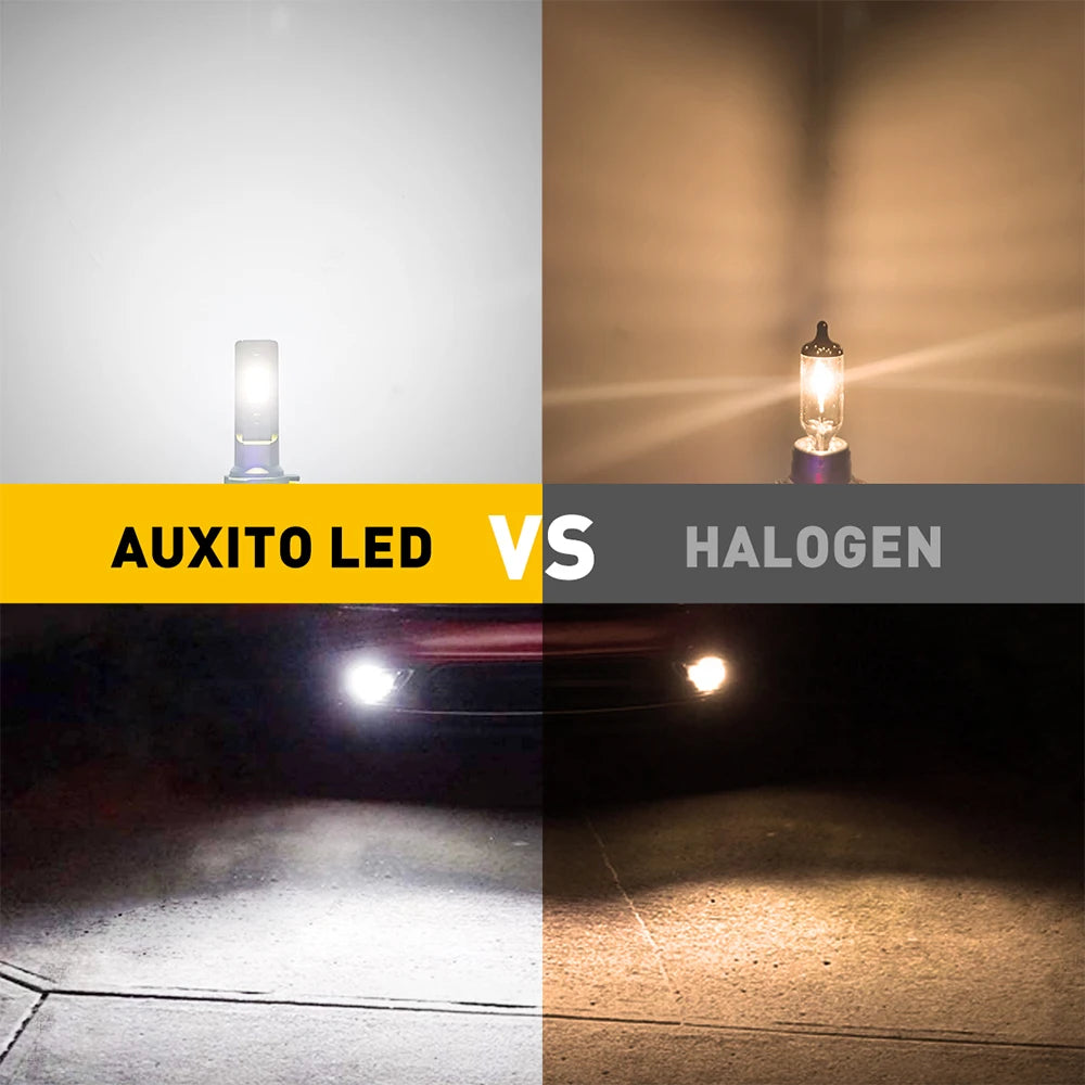 Comparison image showing an Auxito LED light bulb versus a Halogen light bulb illuminating a car's front end.