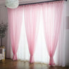 Pink sheer voile curtains with rod pockets hanging in a window