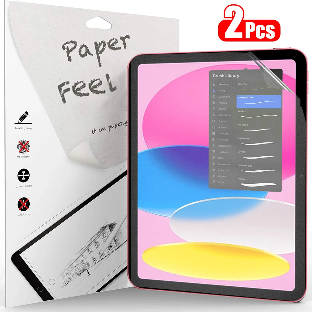 A package of Paper-Feel matte screen protectors for iPad, showing the product and installation instructions.