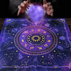 A mystical zodiac tarot tablecloth featuring a deep purple and blue celestial design with planetary symbols and constellation