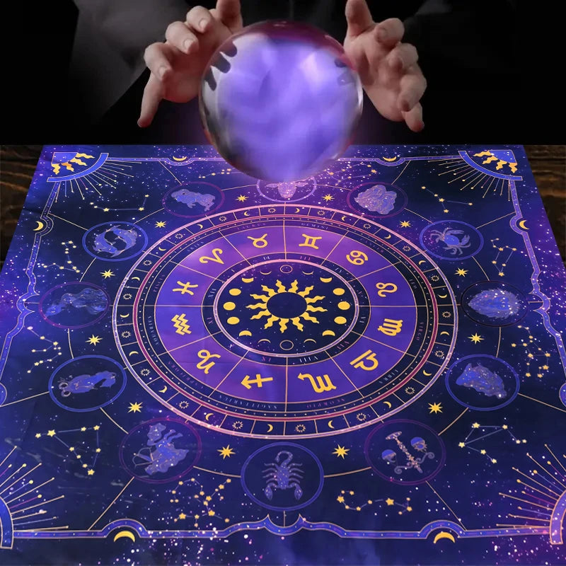A mystical zodiac tarot tablecloth featuring a deep purple and blue celestial design with planetary symbols and constellation