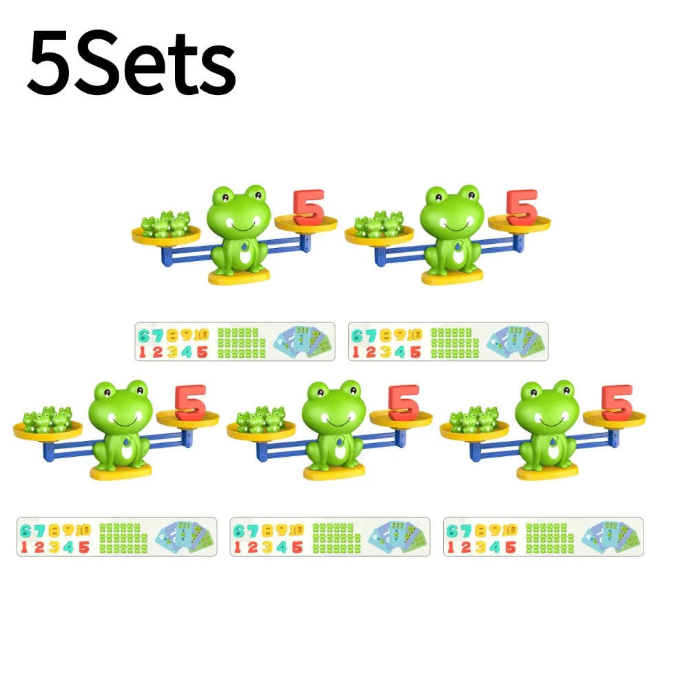 Five sets of frog balance math learning toys featuring green frogs and numbered discs.