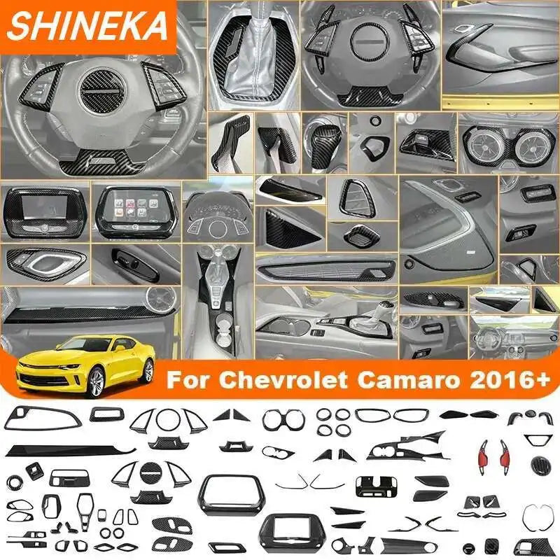 A collection of carbon fiber interior trim pieces and accessories for a Chevrolet Camaro 2017+ vehicle.