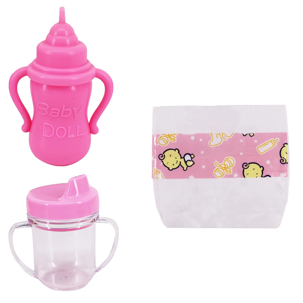 A pink baby doll outfit set including a bottle-shaped hat, jumpsuit, and socks.