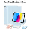A light blue detachable wireless keyboard case and mouse shown next to an iPad.