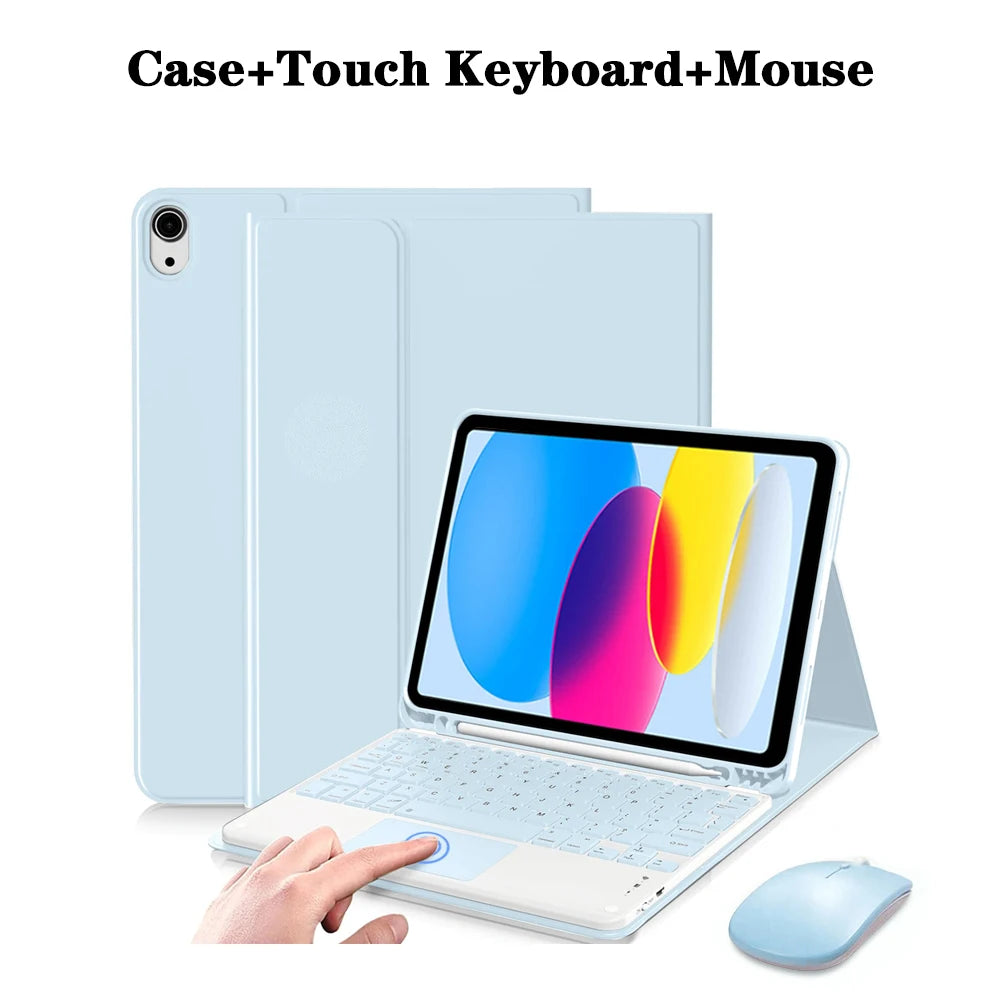A light blue detachable wireless keyboard case and mouse shown next to an iPad.