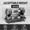 A set of four black weight plates and a shelf are shown with text indicating an acceptable weight of 40 lb and features like 