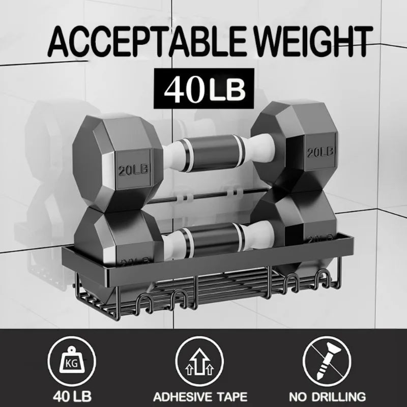 A set of four black weight plates and a shelf are shown with text indicating an acceptable weight of 40 lb and features like 