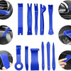 A set of 38 car trim removal tools in blue and black with a storage pouch shown in various angles.