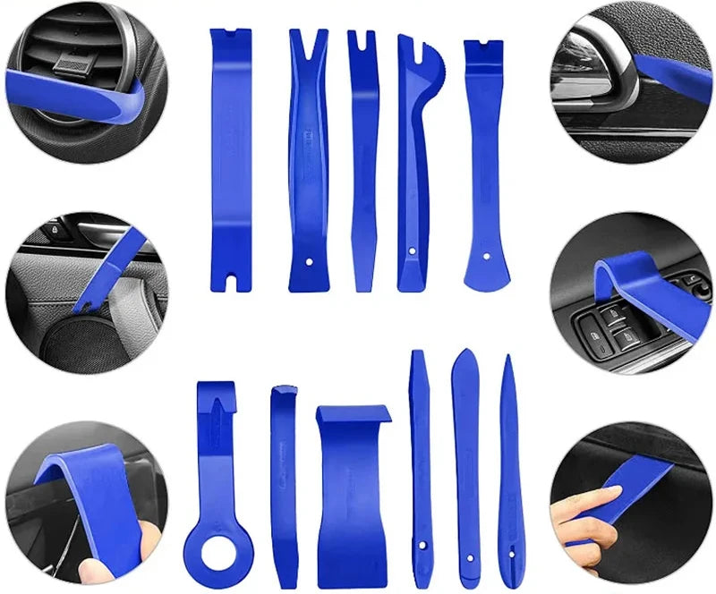 A set of 38 car trim removal tools in blue and black with a storage pouch shown in various angles.