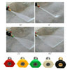 A set of five high pressure washer nozzles in various colors including red, yellow, green, beige, and black.