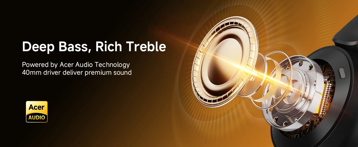 Close-up of a black headphone driver emitting light, highlighting deep bass and rich treble sound technology.