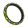 A black steering wheel cover with a bright yellow and green camouflage pattern.