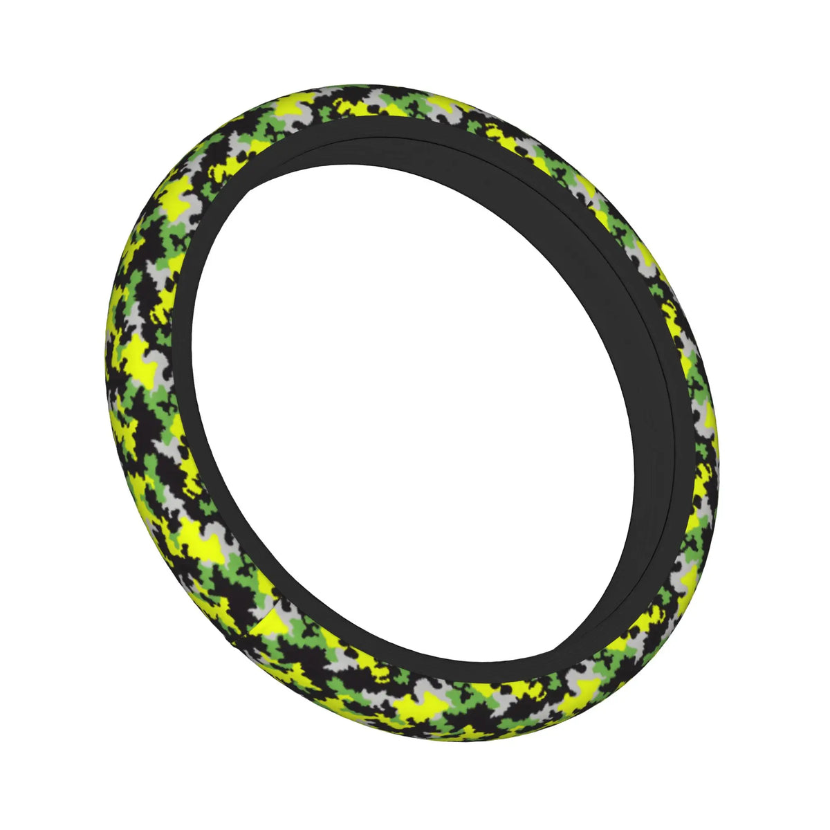 A black steering wheel cover with a bright yellow and green camouflage pattern.