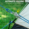 A close-up of a blue rope secured with a metal locking clip on a tent or tarp setup.