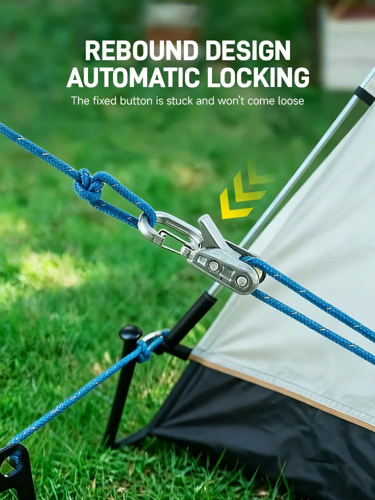 A close-up of a blue rope secured with a metal locking clip on a tent or tarp setup.