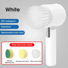 White cordless electric spin scrubber with three interchangeable brush heads for cleaning
