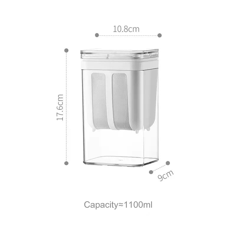 Clear plastic yogurt strainer with a fine mesh filter and measuring markings.