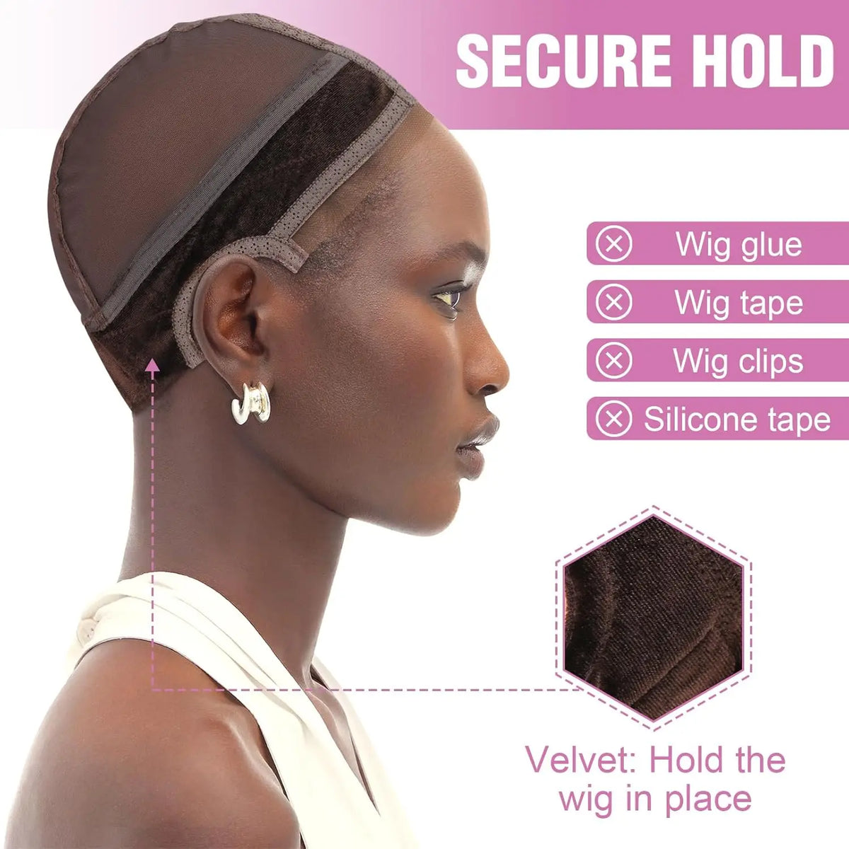 A close-up of a dark brown wig grip cap being placed on a person's head, demonstrating how to secure the wig.