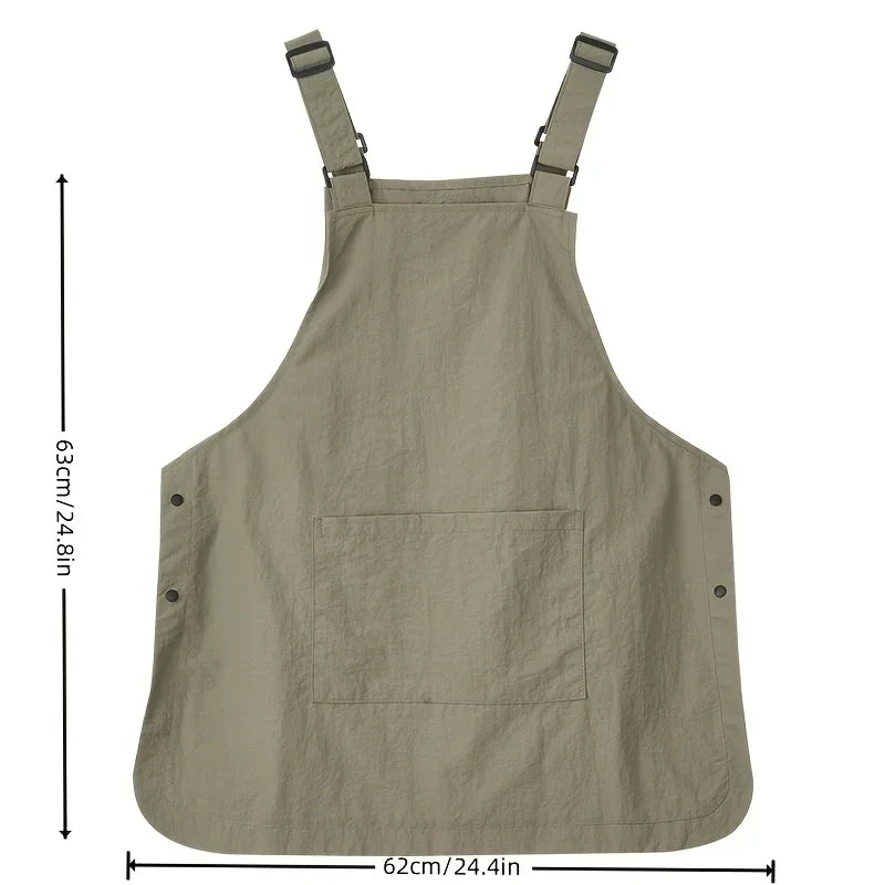 A beige waterproof unisex work apron with straps and a patch pocket.