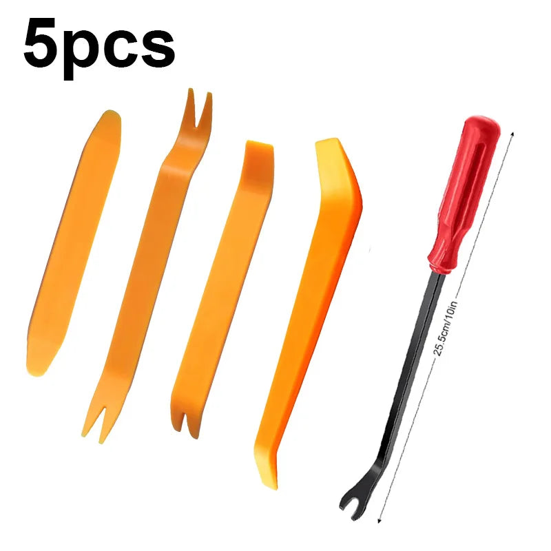 Five orange auto trim removal tools and a red tool with a black handle are shown.