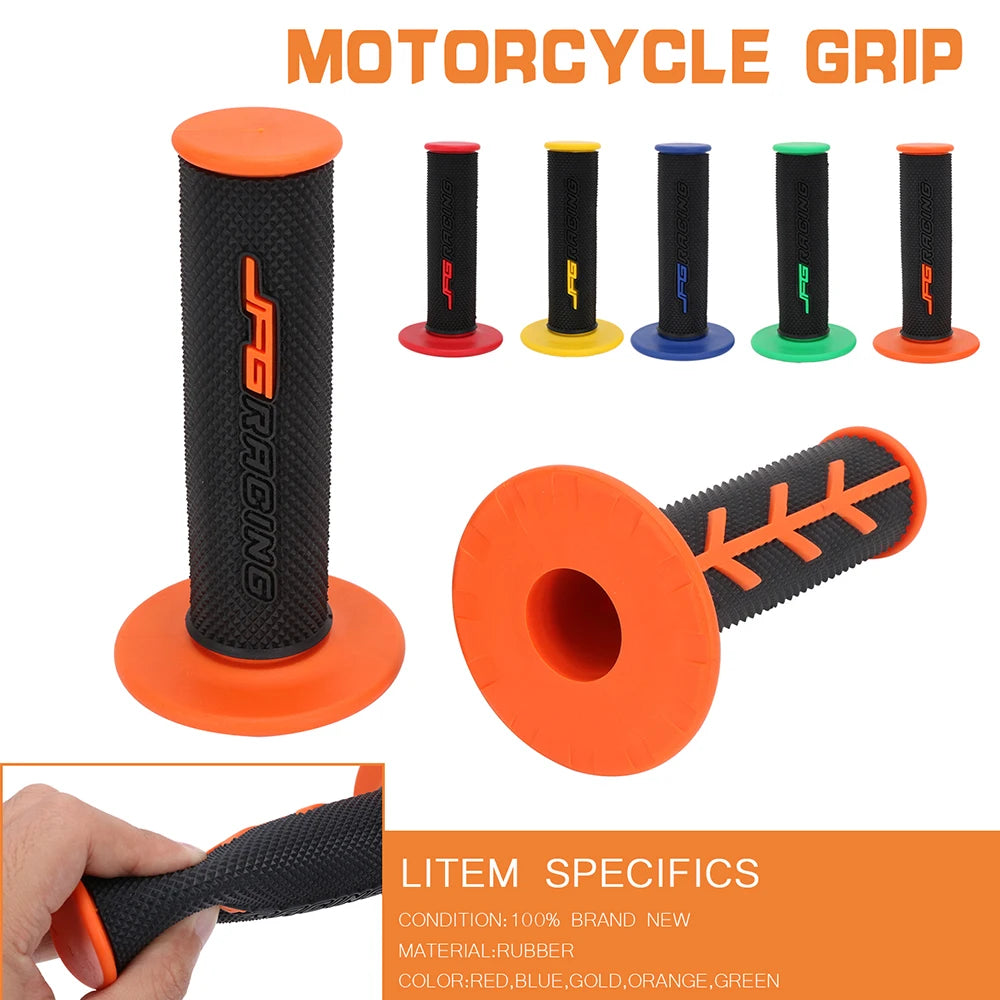 Motorcycle grip set showing various colors including black, orange, yellow, blue, and green grips.