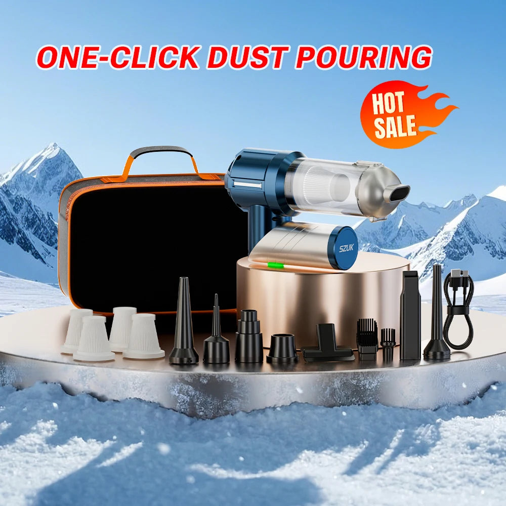 A foldable handheld car vacuum cleaner with various nozzles and accessories is displayed on a snowy surface.