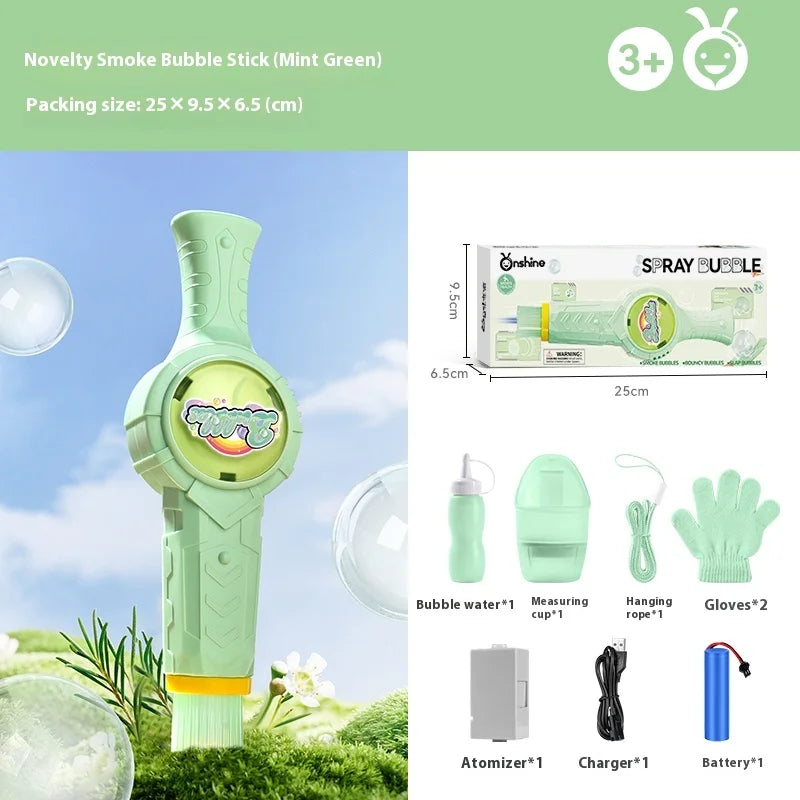 A light green smoke bubble stick dispenser with a measuring cup and accessories shown outdoors.