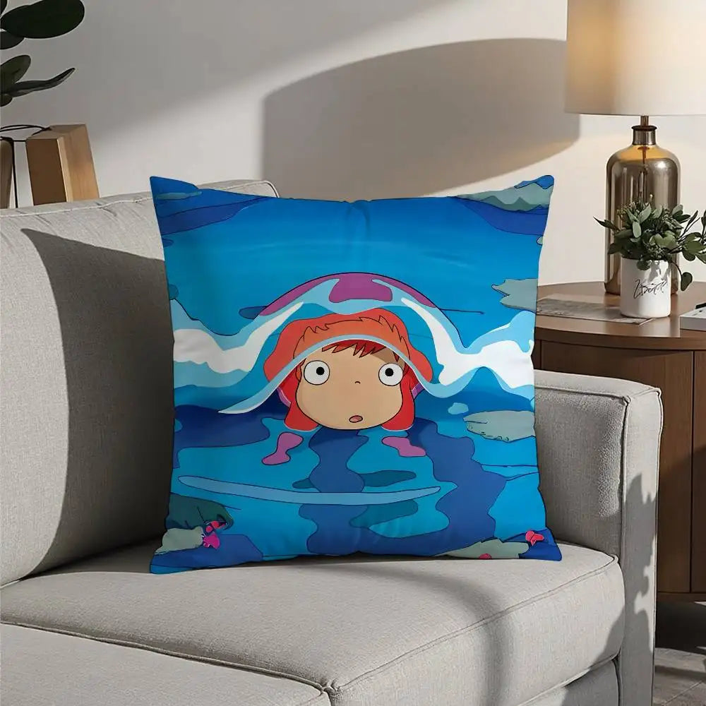 A blue and white cartoon pillow featuring a character swimming under a colorful wave.
