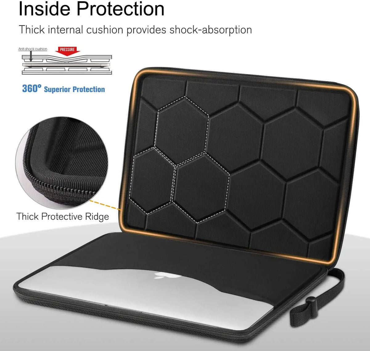 Black EVA protective laptop sleeve showing a padded interior and a protective ridge detail.