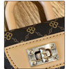 A close-up of a mini floral textured crossbody tote bag in beige leather with gold chain detailing.