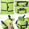 A lime green foldable rolling shopping tote bag shown in various configurations and usage examples.
