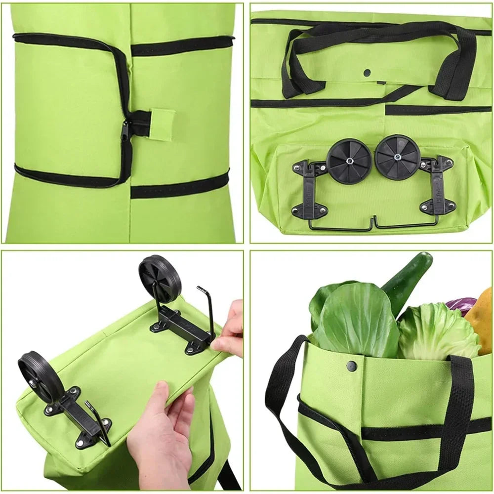 A lime green foldable rolling shopping tote bag shown in various configurations and usage examples.